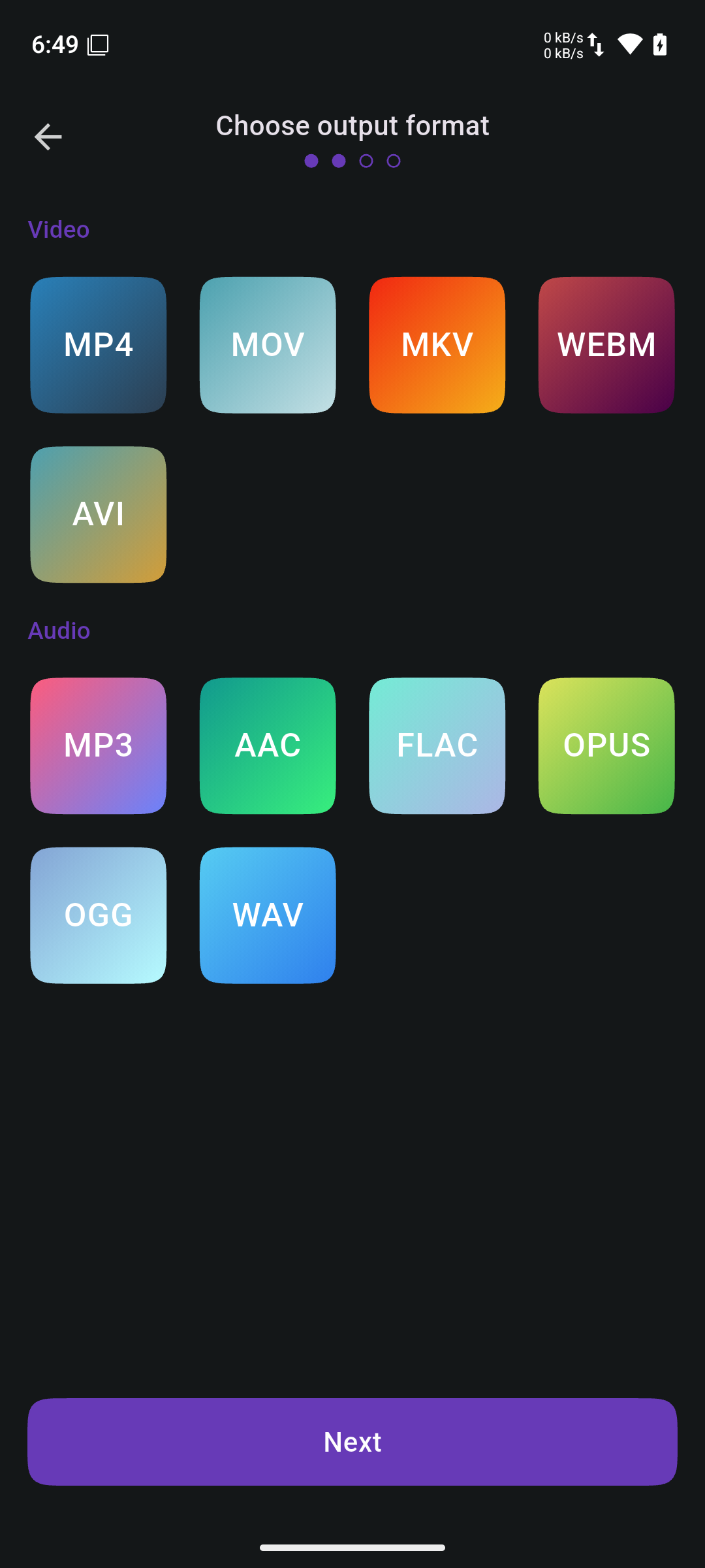 Choose output format screen (Dark Theme)
