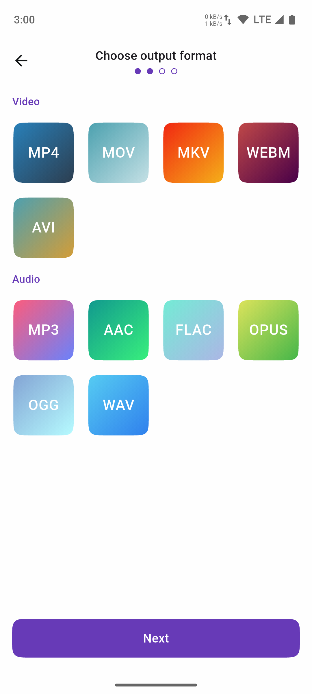 Choose output format screen (Light Theme)