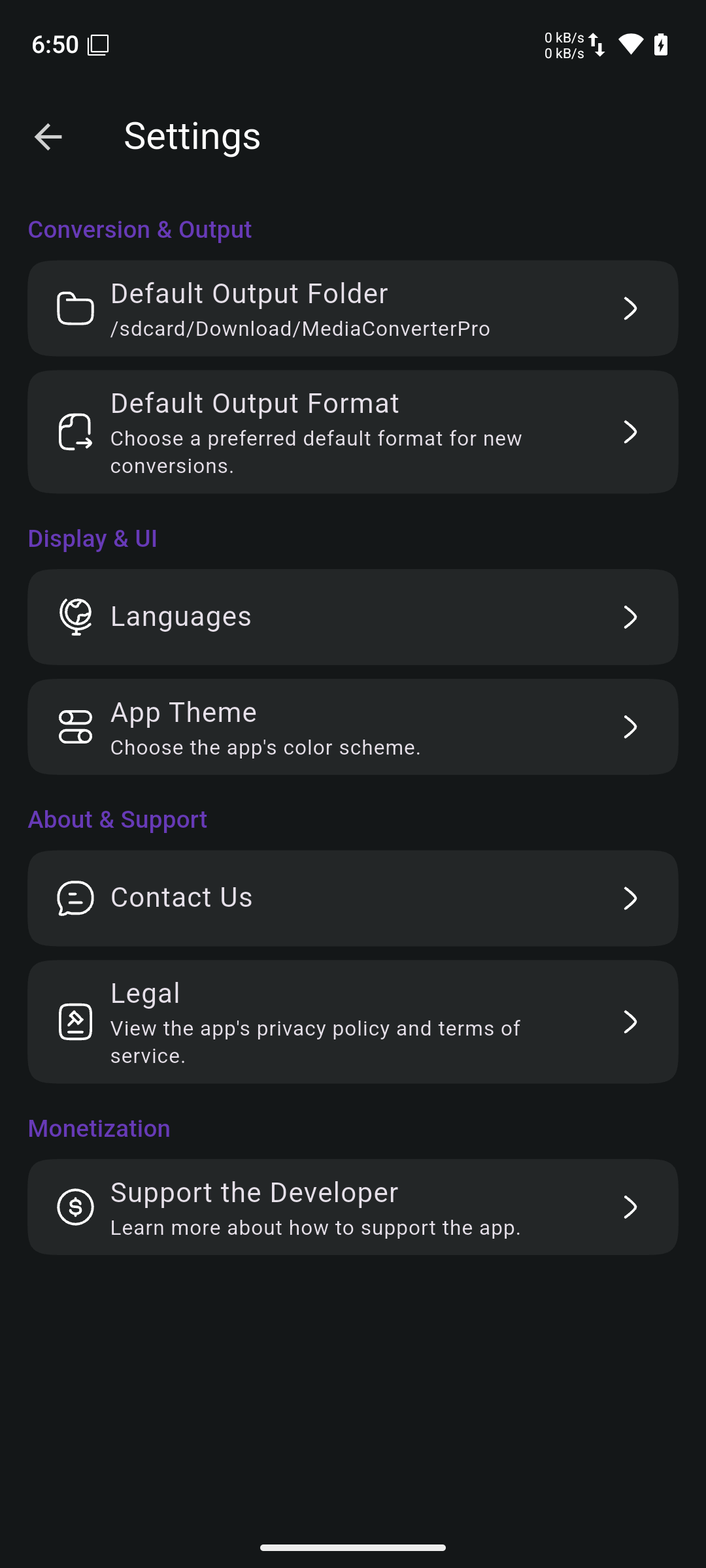 Settings screen (Dark Theme)
