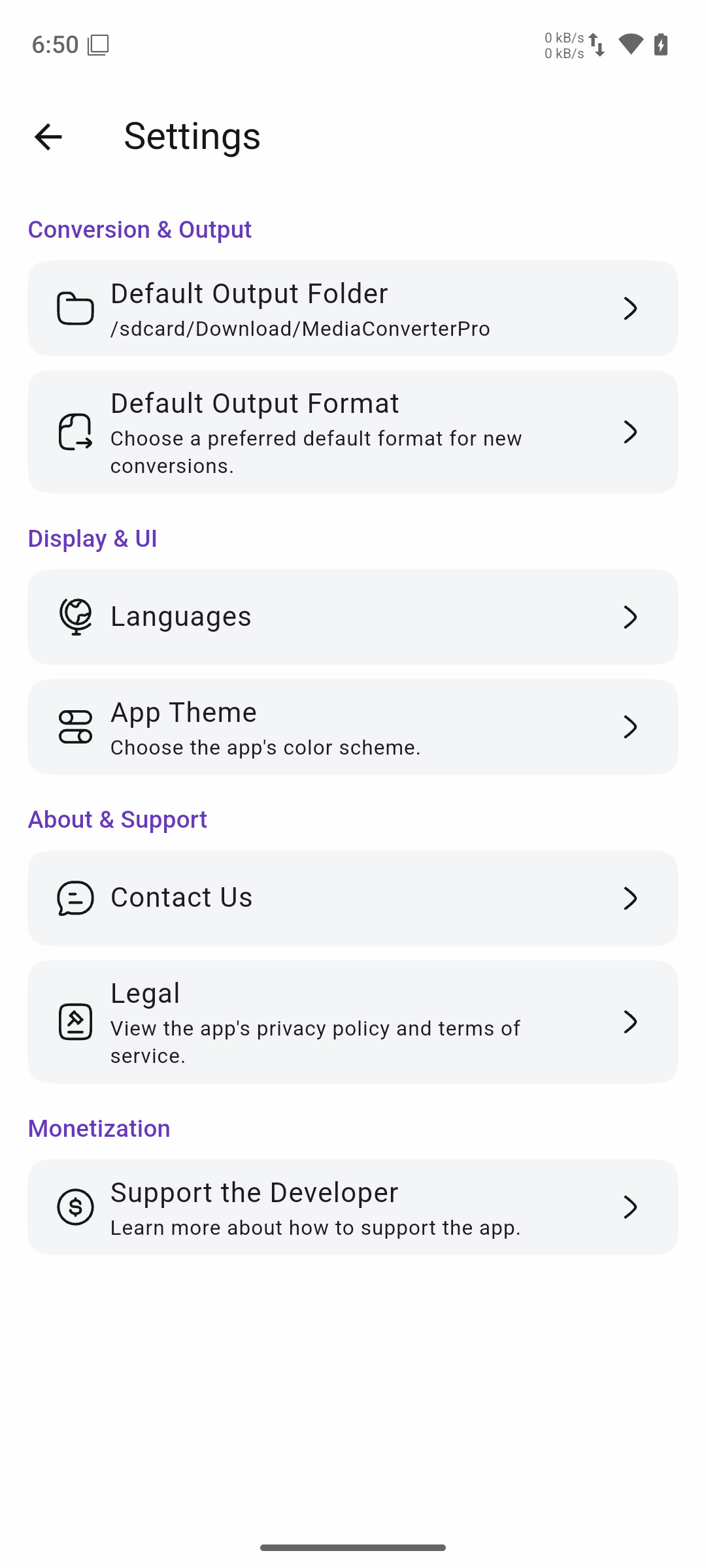 Settings screen (Light Theme)